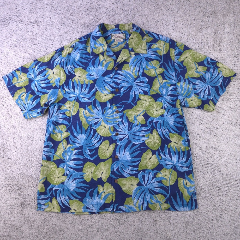 Pussers Island Reserve Shirt Mens Medium Hawaiian Silk Aloha Short Sleeve Blue